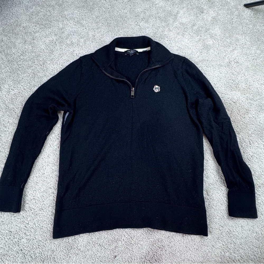 Ted Baker London Mens Black 100 Wool 1/4‎ Zip Sweater Skull Logo Size 4
